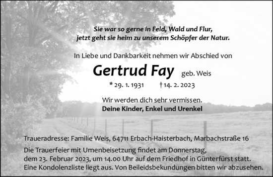 Traueranzeige von Gertrud Fay von Odenwälder Echo
