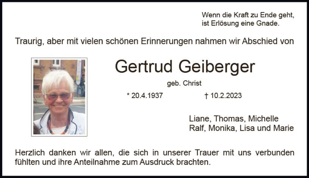  Traueranzeige für Gertrud Geiberger vom 25.02.2023 aus Dieburger Anzeiger/Groß-Zimmerner Lokal-Anzeiger