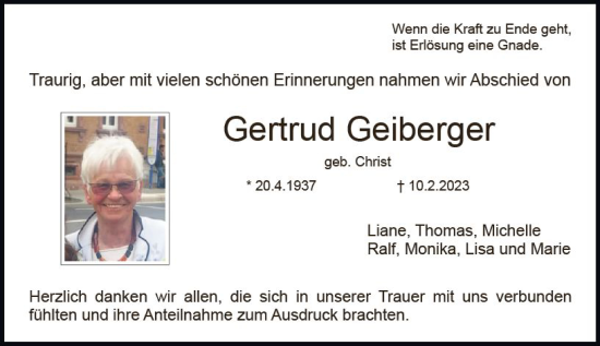 Traueranzeige von Gertrud Geiberger von Dieburger Anzeiger/Groß-Zimmerner Lokal-Anzeiger