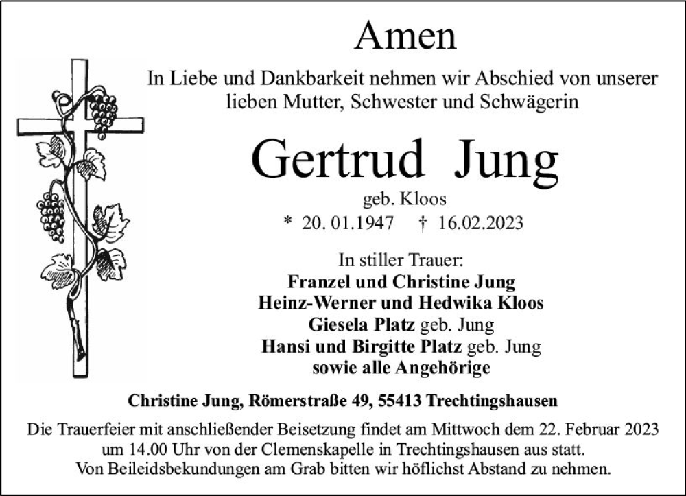  Traueranzeige für Gertrud Jung vom 18.02.2023 aus Allgemeine Zeitung Bingen/Ingelheim