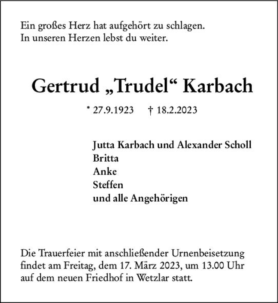  Traueranzeige für Gertrud  Karbach vom 25.02.2023 aus Wetzlarer Neue Zeitung