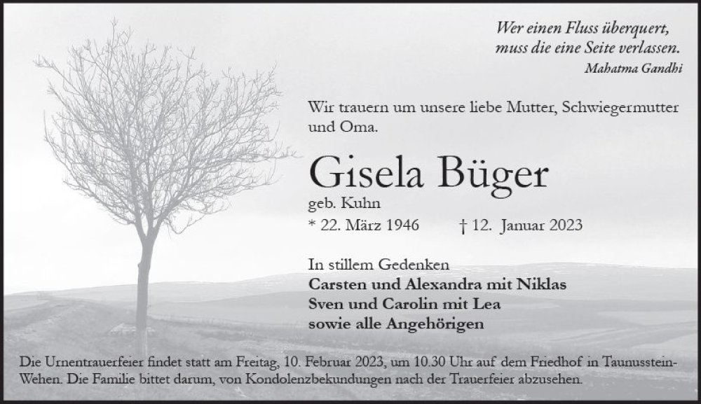  Traueranzeige für Gisela Büger vom 04.02.2023 aus Wiesbadener Kurier gesamt
