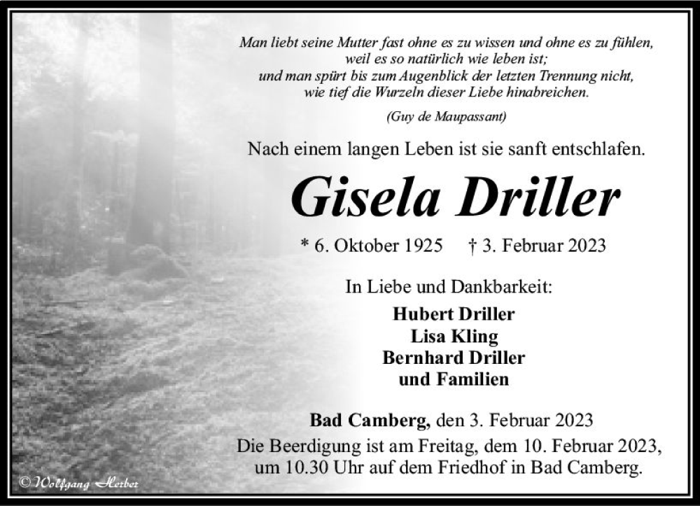  Traueranzeige für Gisela Driller vom 09.02.2023 aus Camberger Anzeiger