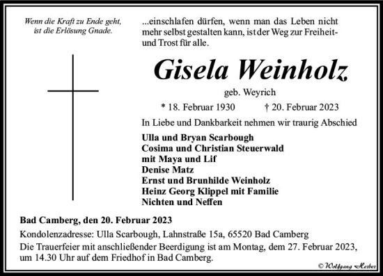 Traueranzeige von Gisela Weinholz von Camberger Anzeiger