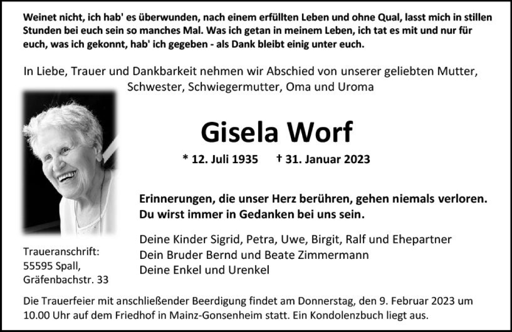  Traueranzeige für Gisela Worf vom 04.02.2023 aus Allgemeine Zeitung Mainz