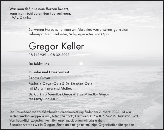 Traueranzeige von Gregor Keller von Darmstädter Echo