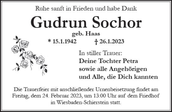 Traueranzeige von Gudrun Sochor von Wiesbadener Kurier gesamt