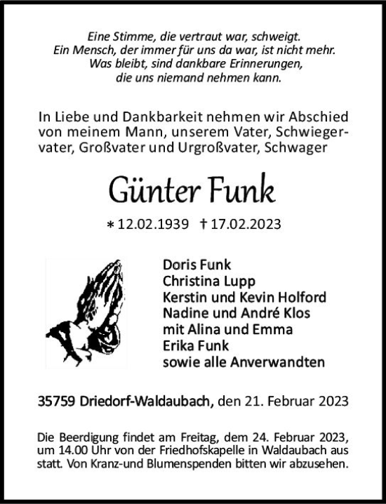 Traueranzeige von Günter Funk von Dill Block