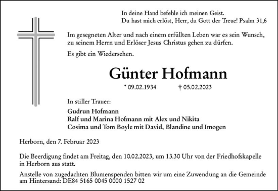 Traueranzeige von Günter Hofmann von Dill Block