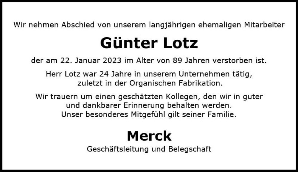  Traueranzeige für Günter Lotz vom 04.02.2023 aus Darmstädter Echo