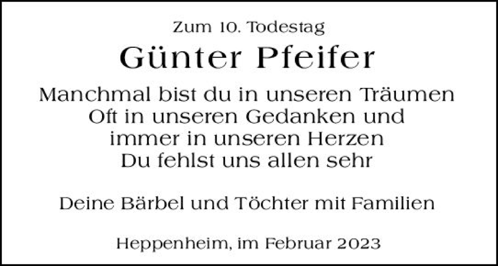  Traueranzeige für Günter Pfeifer vom 13.02.2023 aus Starkenburger Echo