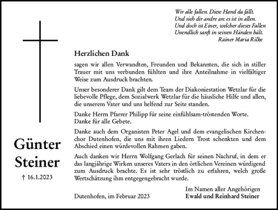 Traueranzeige von Günter Steiner von Wetzlarer Neue Zeitung