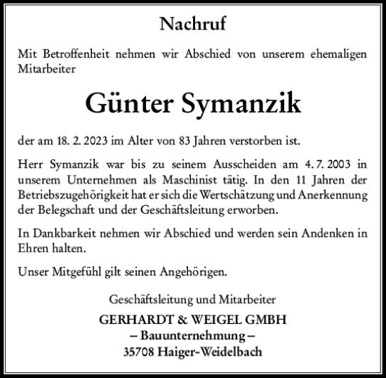 Traueranzeige von Günter Symanzik von Dill Block