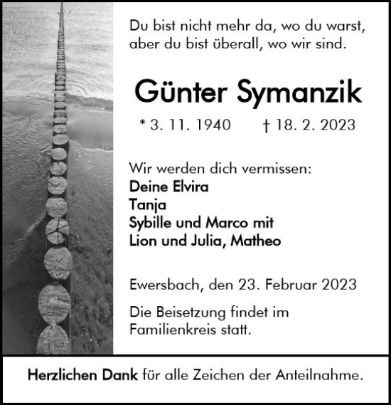 Traueranzeige von Günter Symanzik von Dill Block