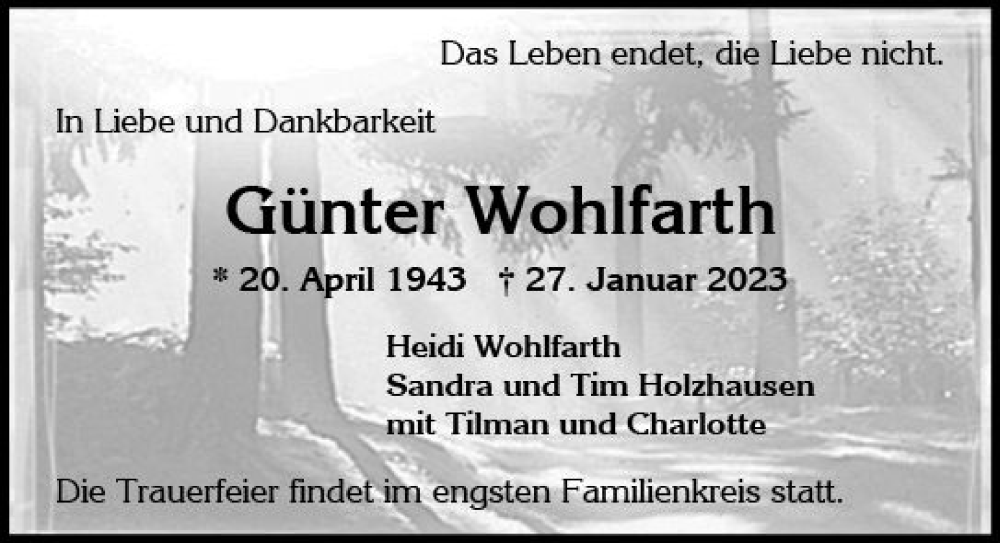  Traueranzeige für Günter Wohlfarth vom 04.02.2023 aus Wiesbadener Kurier gesamt
