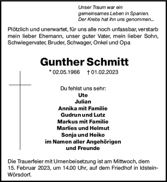Traueranzeige von Gunther Schmitt von Wiesbadener Kurier gesamt
