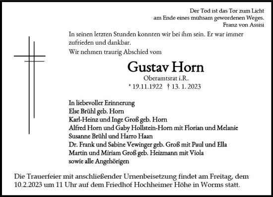 Traueranzeige von Gustav Horn von Wormser Zeitung