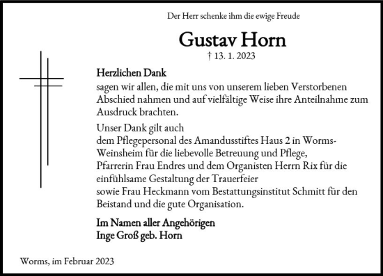 Traueranzeige von Gustav Horn von Wormser Zeitung