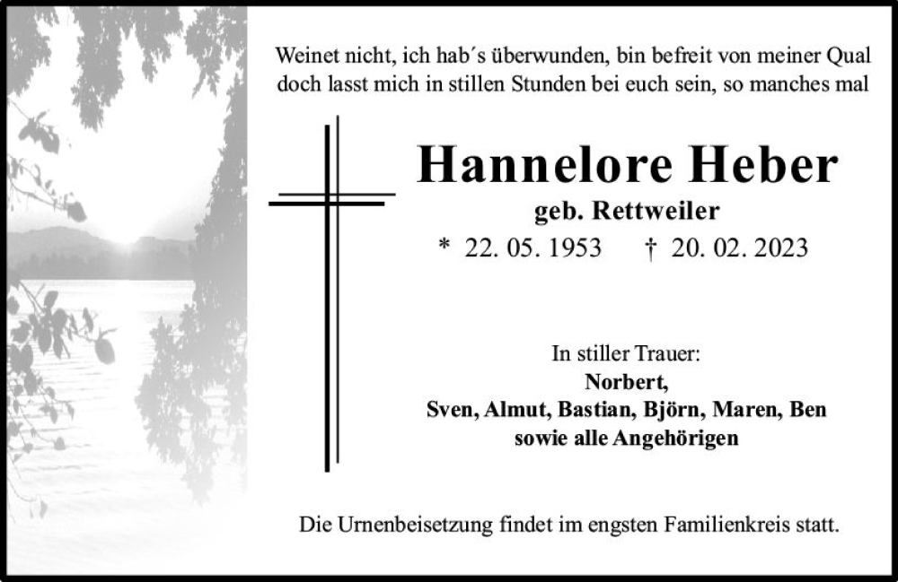  Traueranzeige für Hannelore Heber vom 25.02.2023 aus Allgemeine Zeitung Bingen/Ingelheim