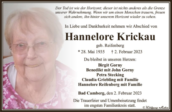 Traueranzeige von Hannelore Krickau von Camberger Anzeiger