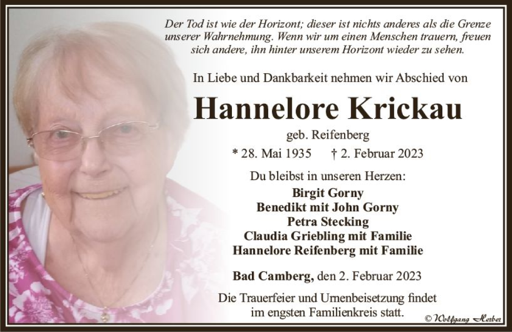  Traueranzeige für Hannelore Krickau vom 09.02.2023 aus Camberger Anzeiger