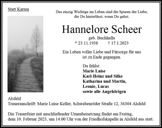 Traueranzeige von Hannelore Scheer von VRM Trauer