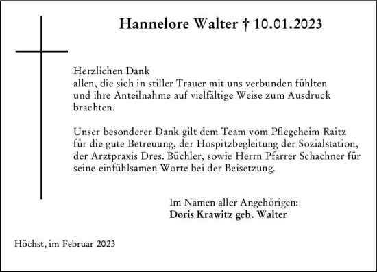 Traueranzeige von Hannelore Walter von Odenwälder Echo