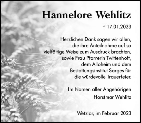 Traueranzeige von Hannelore Wehlitz von Wetzlarer Neue Zeitung