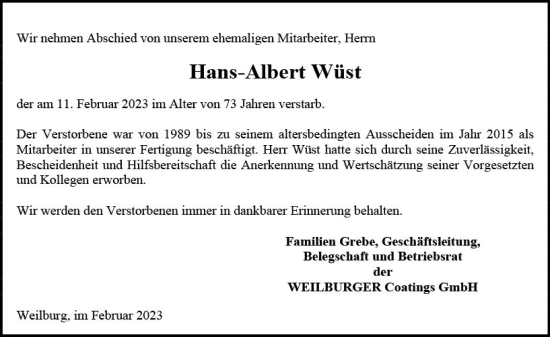 Traueranzeige von Hans-Albert Wüst von Weilburger Tageblatt