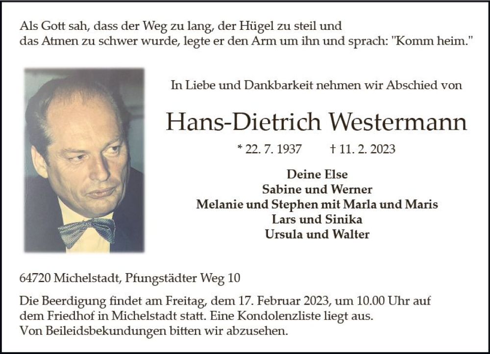 Traueranzeige für Hans-Dietrich Westermann vom 15.02.2023 aus Odenwälder Echo