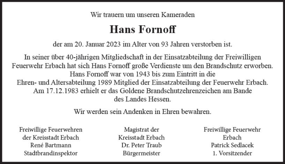  Traueranzeige für Hans Fornoff vom 01.02.2023 aus Odenwälder Echo