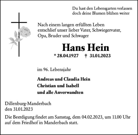 Traueranzeige von Hans Hein von Dill Block