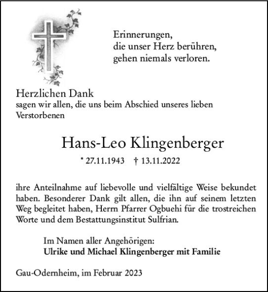 Traueranzeige von Hans-Leo Klingenberger von Allgemeine Zeitung Alzey