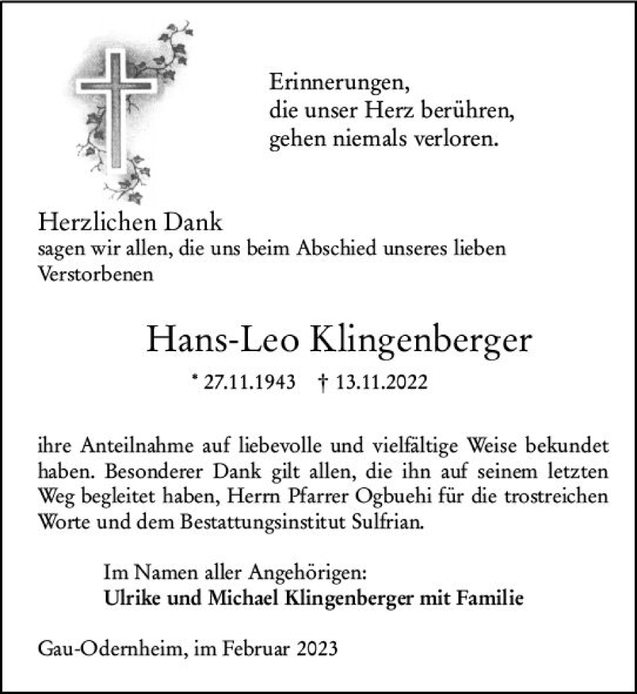  Traueranzeige für Hans-Leo Klingenberger vom 04.02.2023 aus Allgemeine Zeitung Alzey