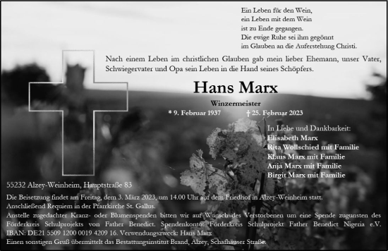 Traueranzeige von Hans Marx von Allgemeine Zeitung Bad Kreuznach