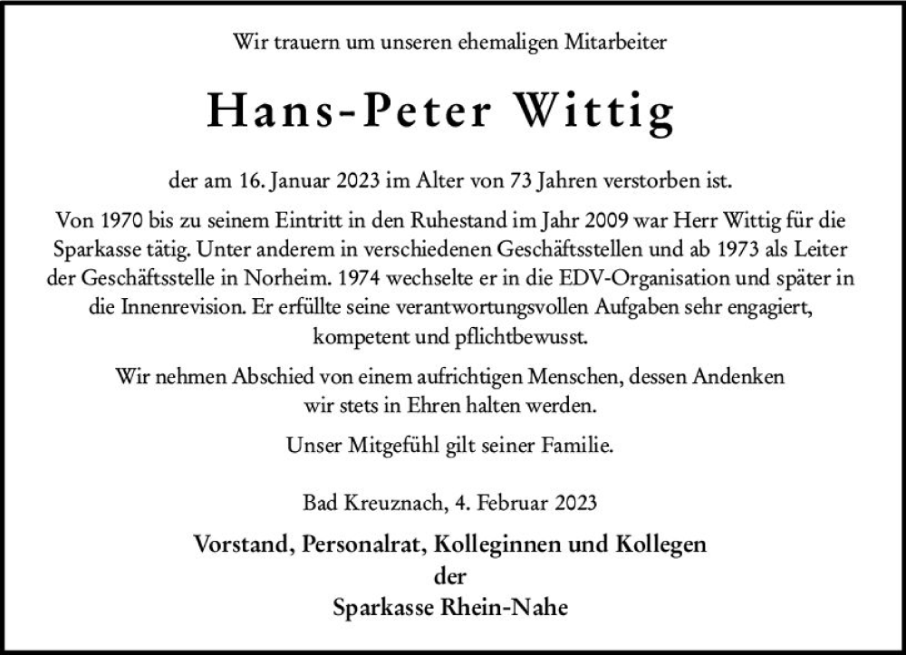  Traueranzeige für Hans-Peter Wittig vom 04.02.2023 aus Allgemeine Zeitung Bad Kreuznach