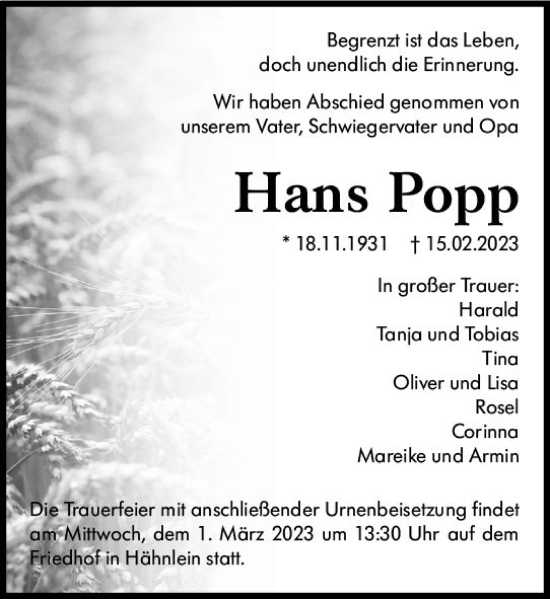 Traueranzeige von Hans Popp von Darmstädter Echo