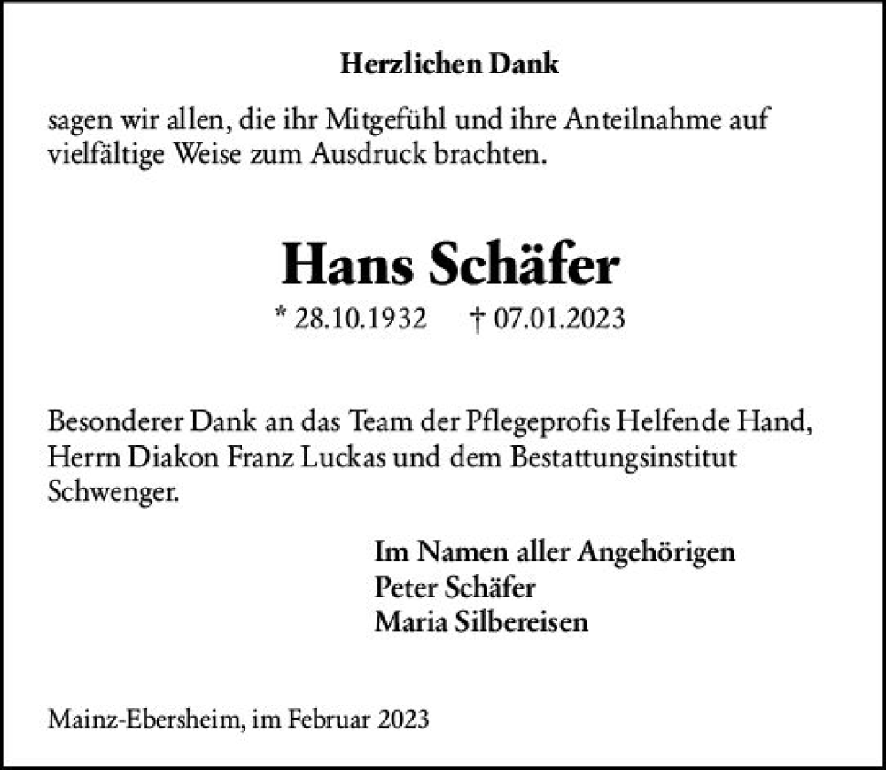  Traueranzeige für Hans Schäfer vom 11.02.2023 aus Allgemeine Zeitung Mainz