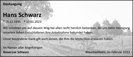 Traueranzeige von Hans Schwarz von Allgemeine Zeitung Alzey
