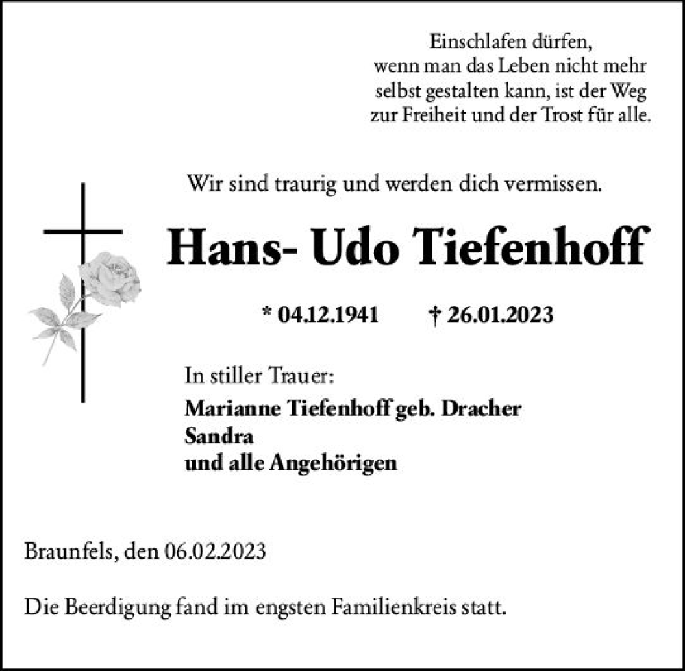  Traueranzeige für Hans-Udo Tiefenhoff vom 06.02.2023 aus Wetzlarer Neue Zeitung