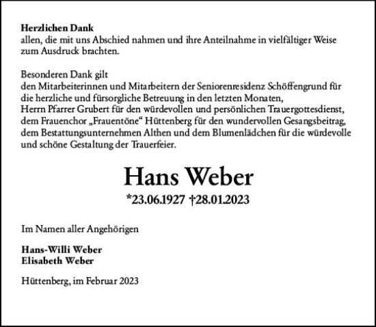 Traueranzeige von Hans Weber von Wetzlarer Neue Zeitung