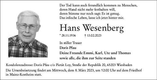 Traueranzeige von Hans Wesenberg von Wiesbadener Kurier