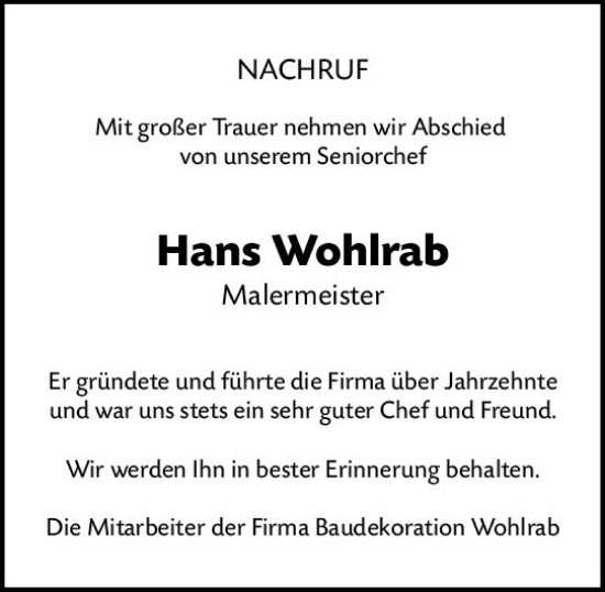 Traueranzeige von Hans Wohlrab von Rüsselsheimer Echo