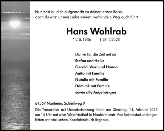 Traueranzeige von Hans Wohlrab von Rüsselsheimer Echo