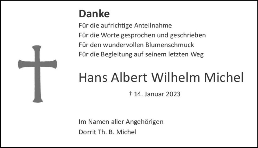  Traueranzeige für Hans Albert Wilhelm Michel vom 11.02.2023 aus Darmstädter Echo