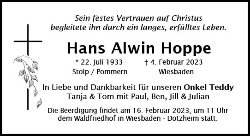  Traueranzeige für Hans Alwin Hoppe vom 11.02.2023 aus Wiesbadener Kurier gesamt