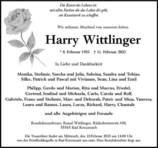 Traueranzeige von Harry Wittlinger von Allgemeine Zeitung Bad Kreuznach