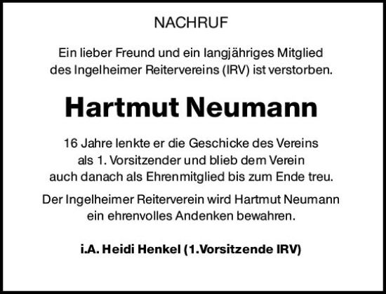 Traueranzeige von Hartmut Neumann von Allgemeine Zeitung Bingen/Ingelheim