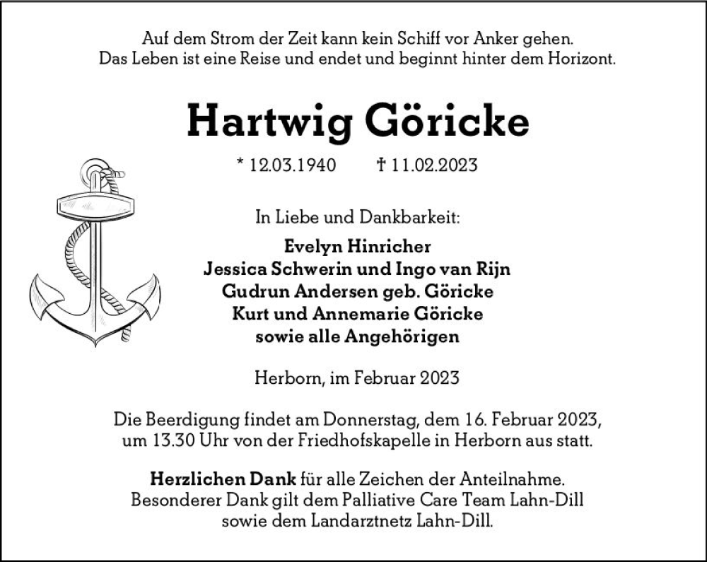  Traueranzeige für Hartwig Göricke vom 14.02.2023 aus Dill Block