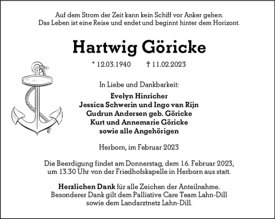 Traueranzeige von Hartwig Göricke von Dill Block